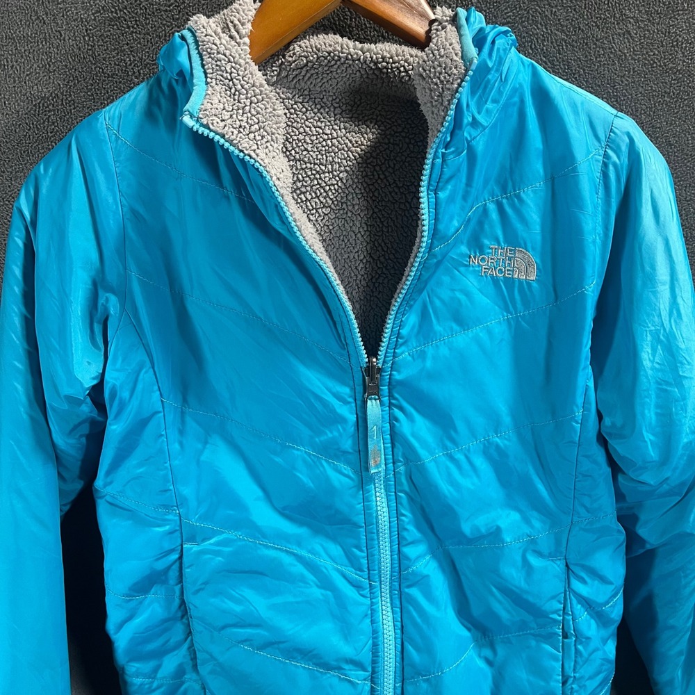 The North Face Girls Reversible Mossbud Swirl Jacket Blue Grey Size M 10/12